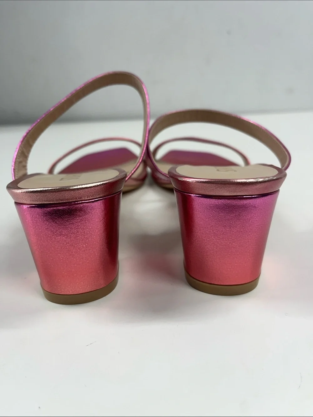New Stuart Weitzman Aleena Leather Slide Heel Sandals in Metallic Pink Size 7